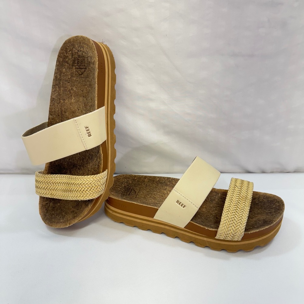 Reef Cushion Vista Hi Sandals Womens 9 Tan Woven Platform Slides